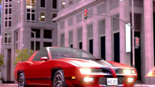 Red Classic Muscle Car on City Street 4K Desktop Wallpaper