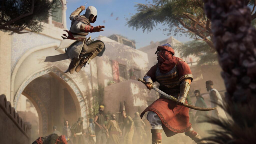 Assassin's Creed Mirage Basim Ibn Ishaq Mid-Air Combat Desktop Wallpaper