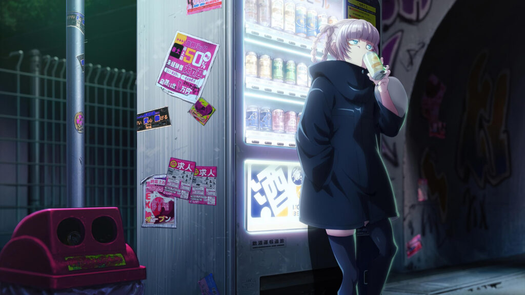 Anime Girl Drinking Near Neon Vending Machine at Night 4K Desktop Wallpaper