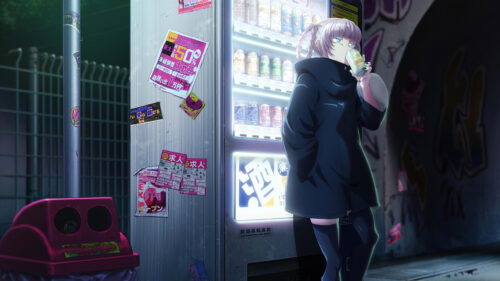 Anime Girl Drinking Near Neon Vending Machine at Night 4K Desktop Wallpaper