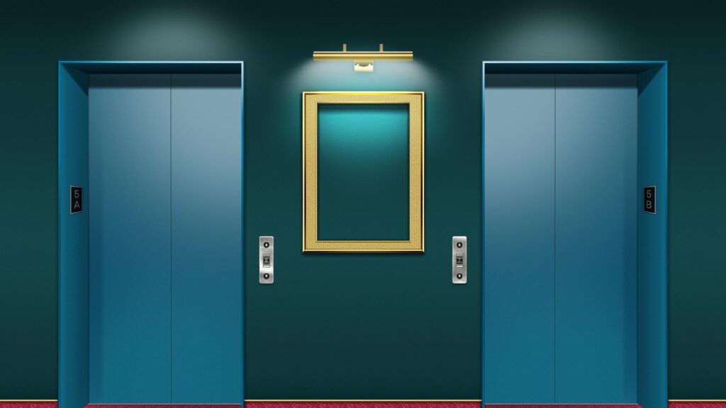 Minimalist Teal Hotel Elevator Lobby with Gold Accents 4K Desktop Wallpaper