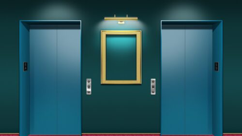 Minimalist Teal Hotel Elevator Lobby with Gold Accents 4K Desktop Wallpaper