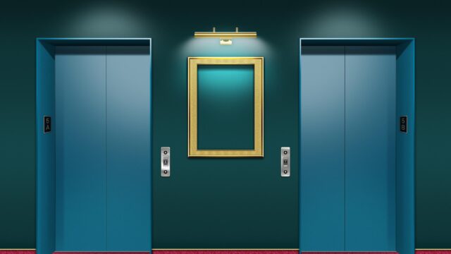 Minimalist Teal Hotel Elevator Lobby with Gold Accents 4K Desktop Wallpaper