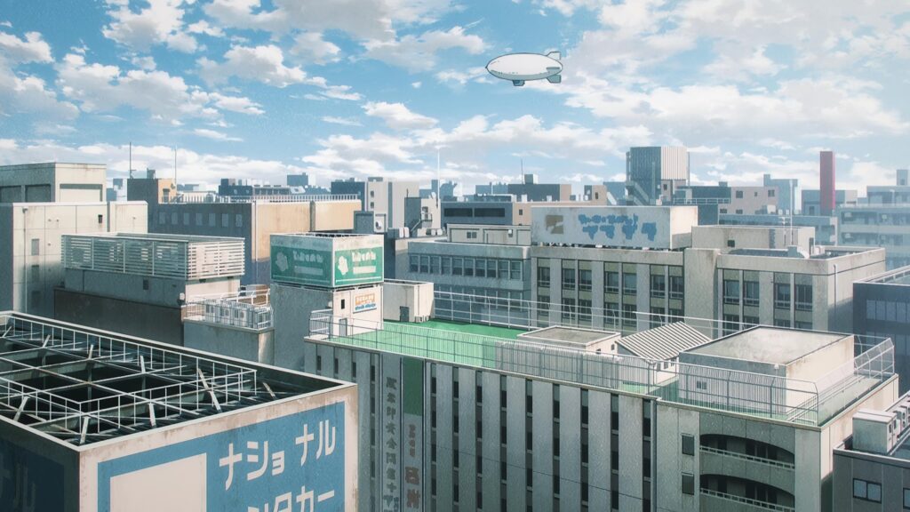 Anime Cityscape Rooftop View with Blimp Under Blue Skies 4K Wallpaper