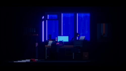 Pixel Art Night Study Room with Rainy City View Desktop Wallpaper