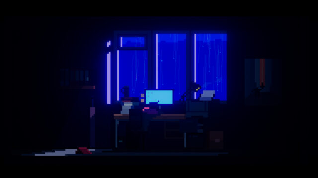 Pixel Art Night Study Room with Rainy City View Desktop Wallpaper