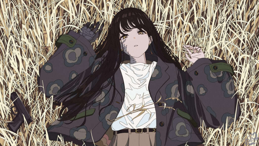 Anime Girl with Cybernetic Features Lying in Golden Field 4K Desktop Wallpaper