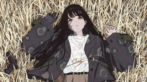 Anime Girl with Cybernetic Features Lying in Golden Field 4K Desktop Wallpaper