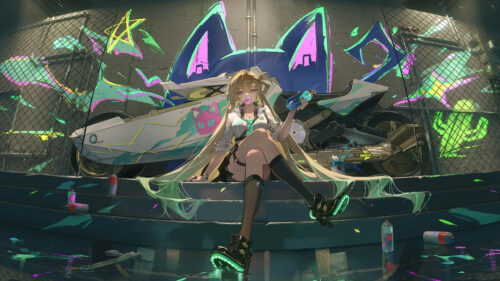 Anime Girl with Futuristic Motorcycle and Neon Graffiti 4K Desktop Wallpaper