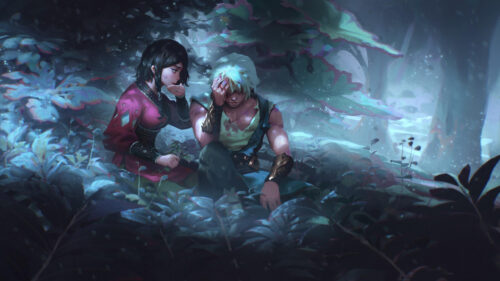 Anime Warrior Couple Resting in Enchanted Forest Fantasy Desktop Wallpaper