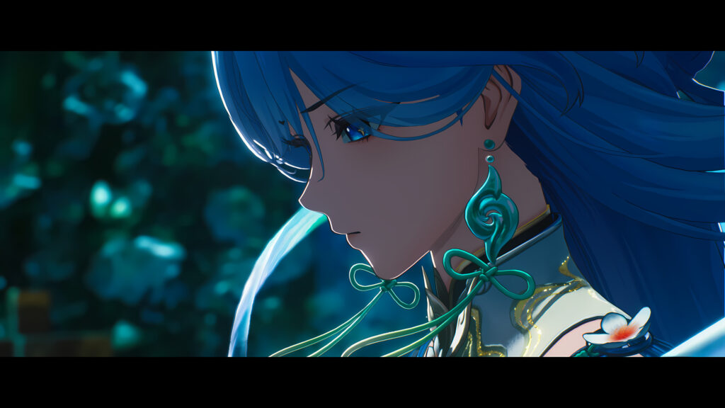 Beautiful Anime Girl with Blue Hair and Elegant Jewelry Desktop Wallpaper