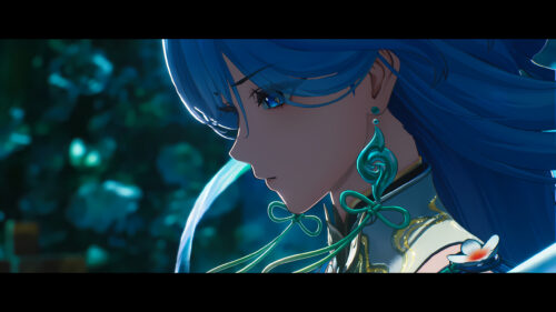 Beautiful Anime Girl with Blue Hair and Elegant Jewelry Desktop Wallpaper