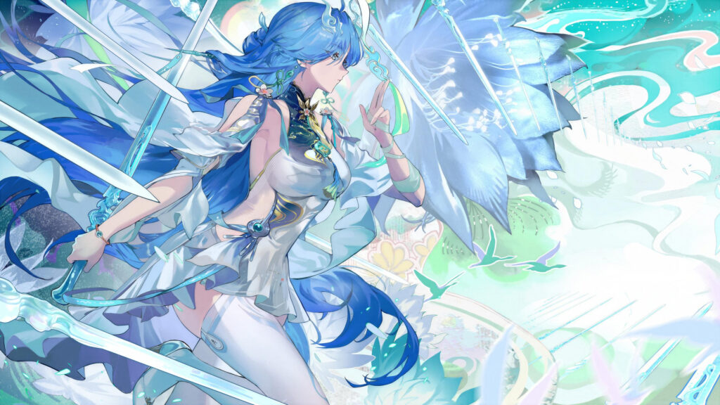 Beautiful Anime Girl with Flowing Blue Hair and Magical Sword 4K Desktop Wallpaper
