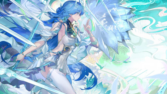 Beautiful Anime Girl with Flowing Blue Hair and Magical Sword 4K Desktop Wallpaper