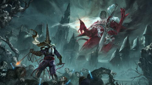 Penitent One Confronting a Giant Red Eldritch Being 4K Desktop Wallpaper