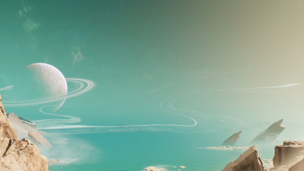 Stunning Alien Planet Landscape with Ringed Moon 4K Desktop Wallpaper