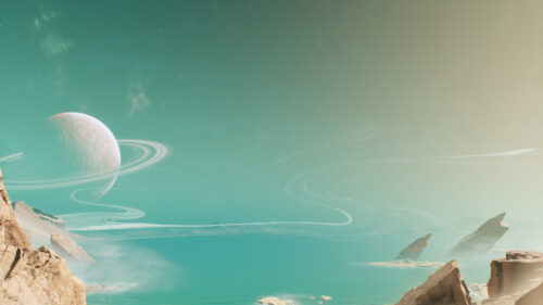 Stunning Alien Planet Landscape with Ringed Moon 4K Desktop Wallpaper