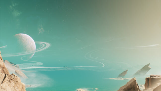 Stunning Alien Planet Landscape with Ringed Moon 4K Desktop Wallpaper