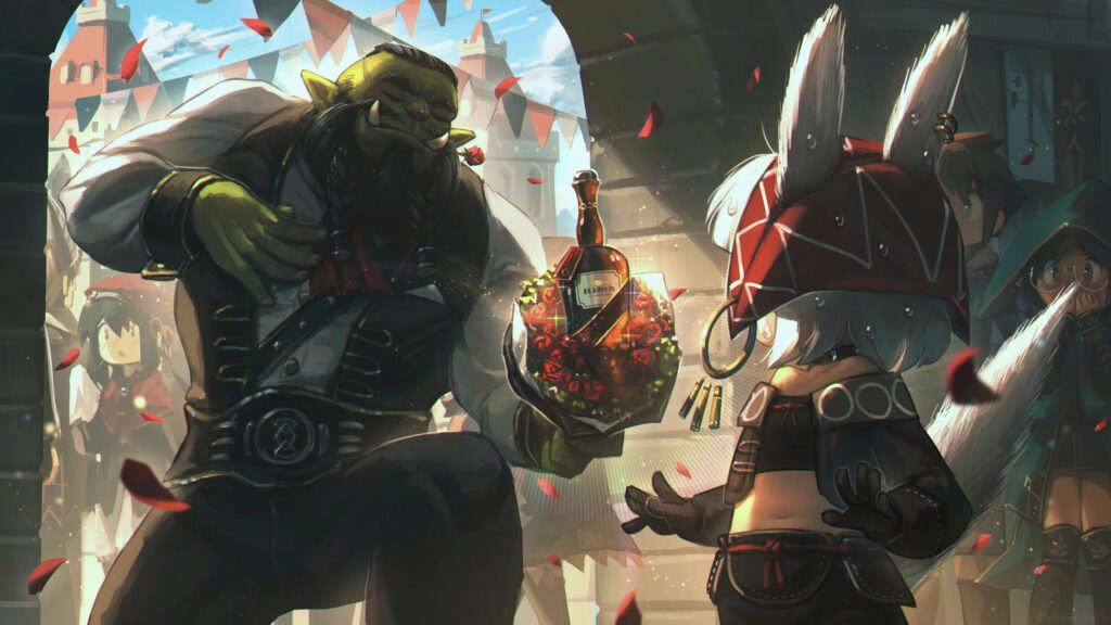 Fantasy Orc Proposing to a Miqo'te Anime Art 4K Desktop Wallpaper