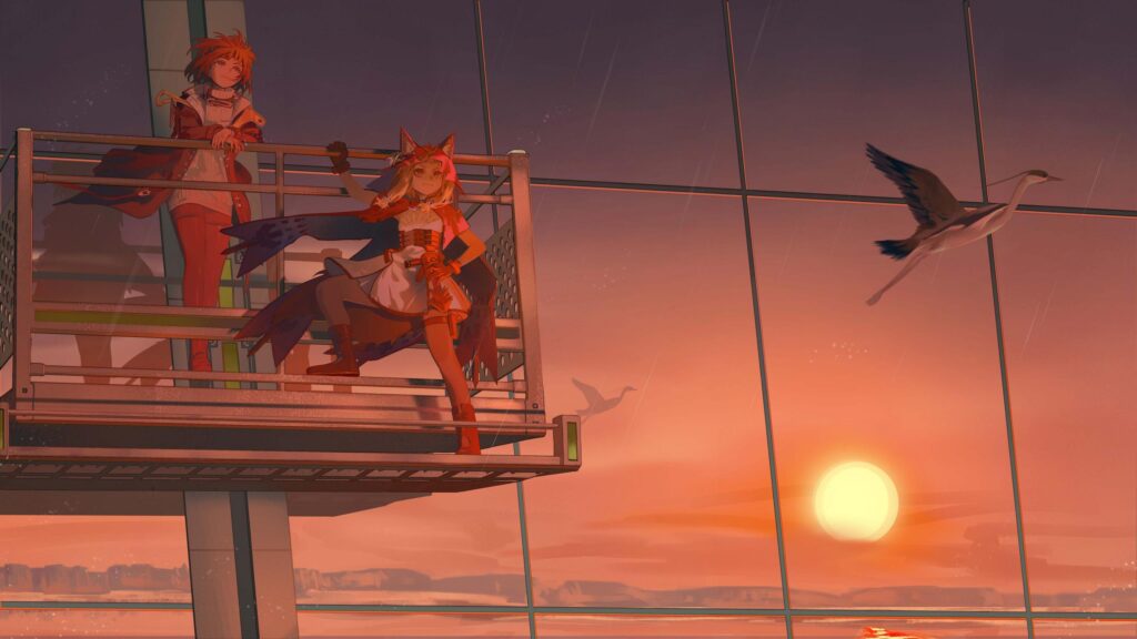 Anime Girls Standing on High Observation Deck at Sunset 4K Wallpaper