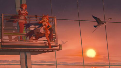 Anime Girls Standing on High Observation Deck at Sunset 4K Wallpaper