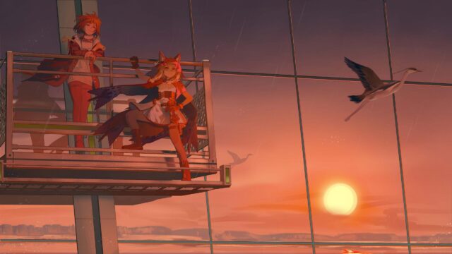 Anime Girls Standing on High Observation Deck at Sunset 4K Wallpaper