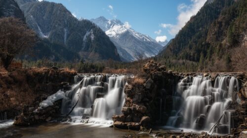 Breathtaking Snowy Mountain Waterfall Landscape PC Wallpaper