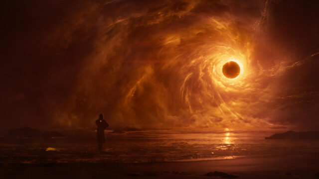 Solitary Figure Facing a Cosmic Eclipse Over an Alien Ocean 4K Desktop Wallpaper