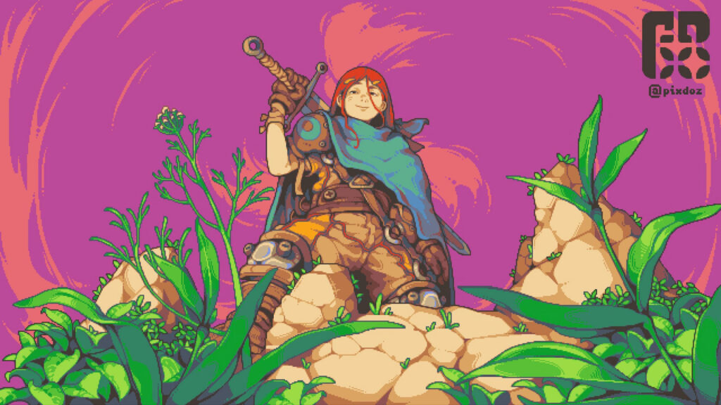 Pixel Art Adventurer Warrior with Sword Fantasy Landscape 4K Wallpaper