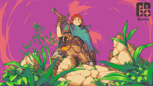 Pixel Art Adventurer Warrior with Sword Fantasy Landscape 4K Wallpaper