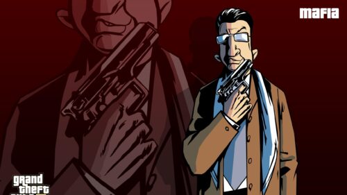 GTA Style Mafia Character with Handgun Dark Red Aesthetic Desktop Wallpaper