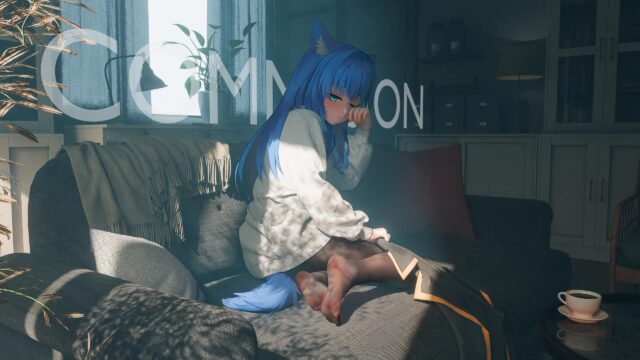 Anime Girl with Blue Hair in Cozy Living Room 4K Desktop Wallpaper