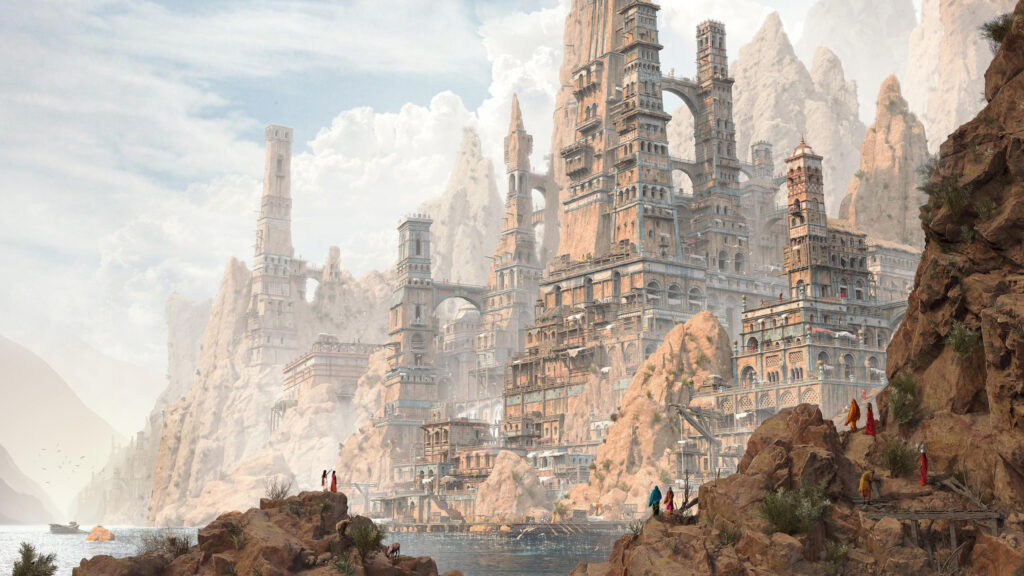 Stunning Fantasy Mountain Citadel City Concept Art 4K Desktop Wallpaper