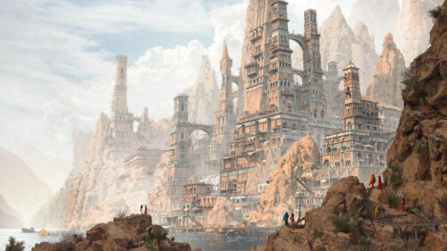 Stunning Fantasy Mountain Citadel City Concept Art 4K Desktop Wallpaper