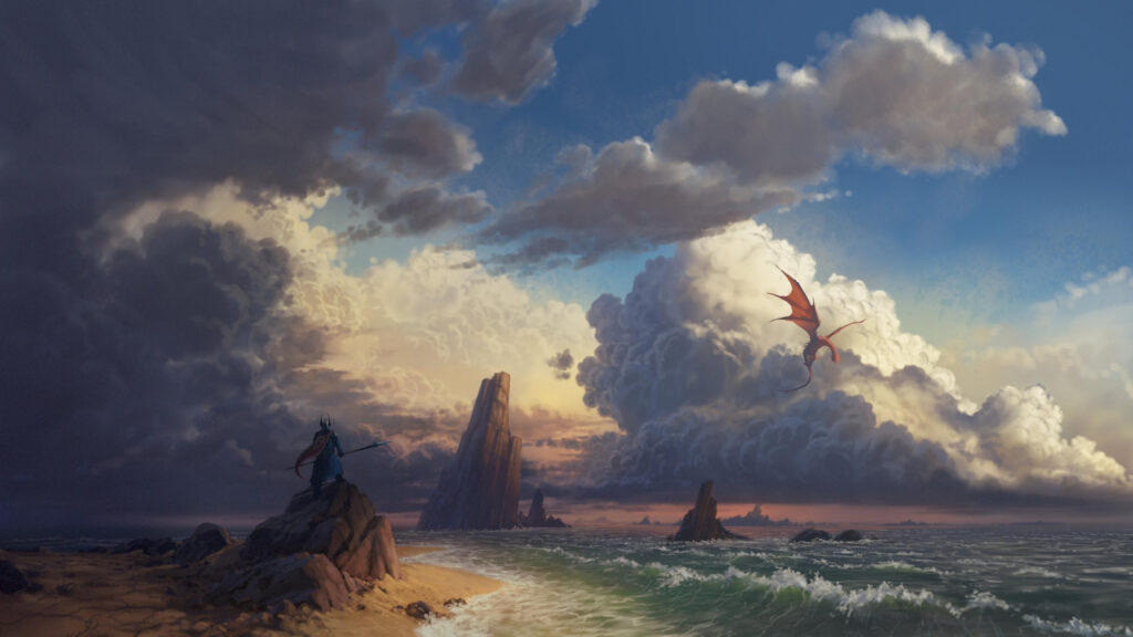 Knight Standing on Seashore Watching a Red Dragon Fantasy Desktop Wallpaper