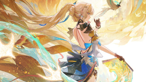 Stunning Anime Girl with Golden Fan and Spirit Bird 4K PC Wallpaper