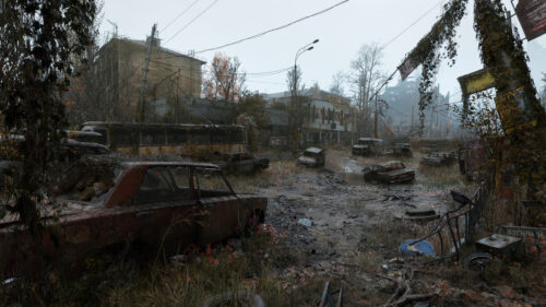 Post-Apocalyptic Abandoned City Street with Rusty Vehicles 4K Wallpaper