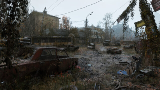 Post-Apocalyptic Abandoned City Street with Rusty Vehicles 4K Wallpaper