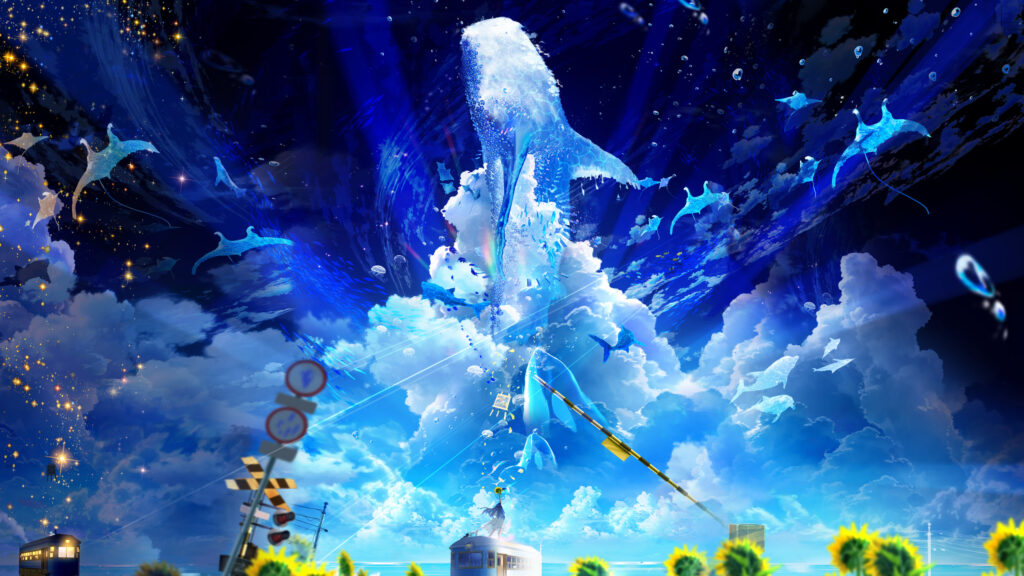 Anime Girl Standing on Train with Magical Sky Whale Desktop Wallpaper