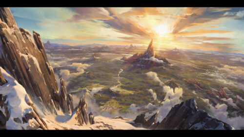 Epic Fantasy Mountain Valley Sunset Overlooking Rolling Landscapes 4K Wallpaper