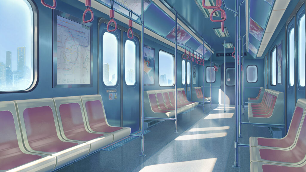 Aesthetic Anime Subway Train Interior Empty Carriage 4K Wallpaper