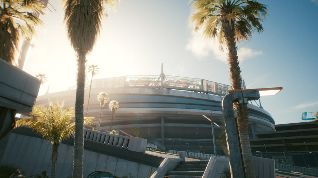Cyberpunk Stadium Exterior Under Bright Sun Desktop Wallpaper