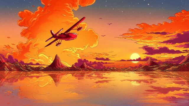 Retro Studio Ghibli Inspired Seaplane Sunset Landscape PC Wallpaper
