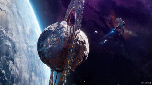 Stunning Sci-Fi Moon Base with Orbiting Space Ring Desktop Wallpaper
