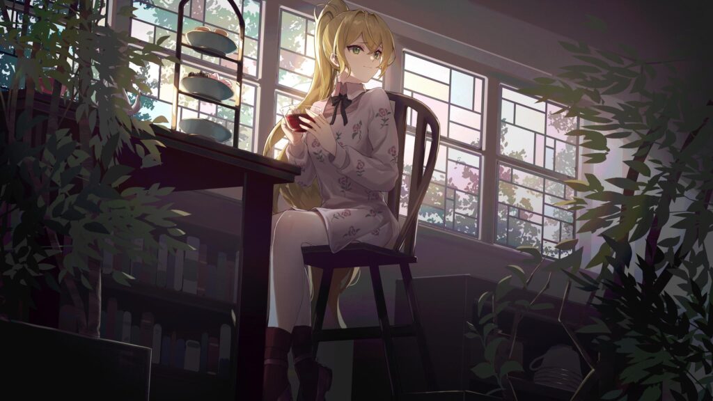 Anime Girl Drinking Tea by the Window Aesthetic Desktop Wallpaper