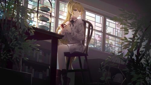 Anime Girl Drinking Tea by the Window Aesthetic Desktop Wallpaper