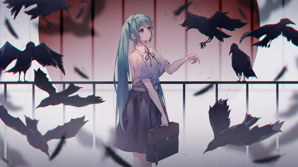 Hatsune Miku with Crows Anime Schoolgirl Aesthetic Desktop Wallpaper