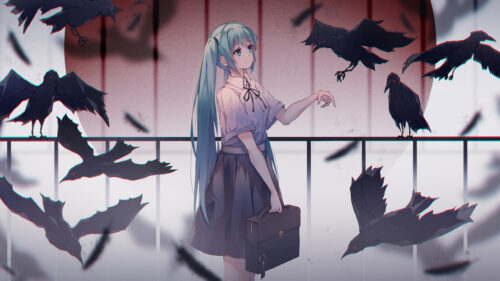 Hatsune Miku with Crows Anime Schoolgirl Aesthetic Desktop Wallpaper
