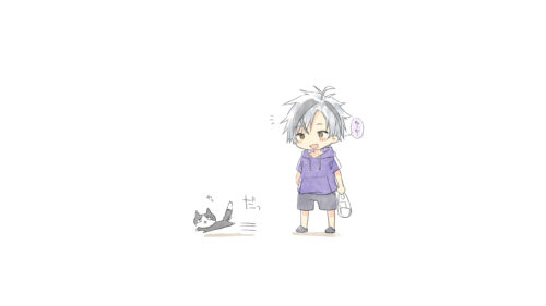 Chibi Anime Boy Encountering a Playful Kitten Desktop Wallpaper