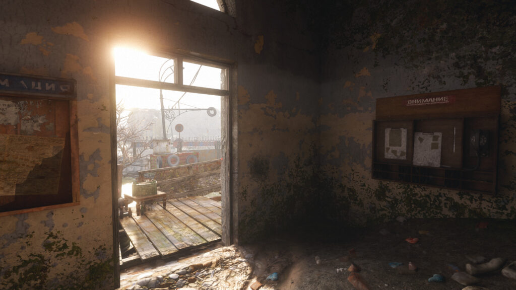 Post-Apocalyptic Abandoned Building Interior View 4K Desktop Wallpaper